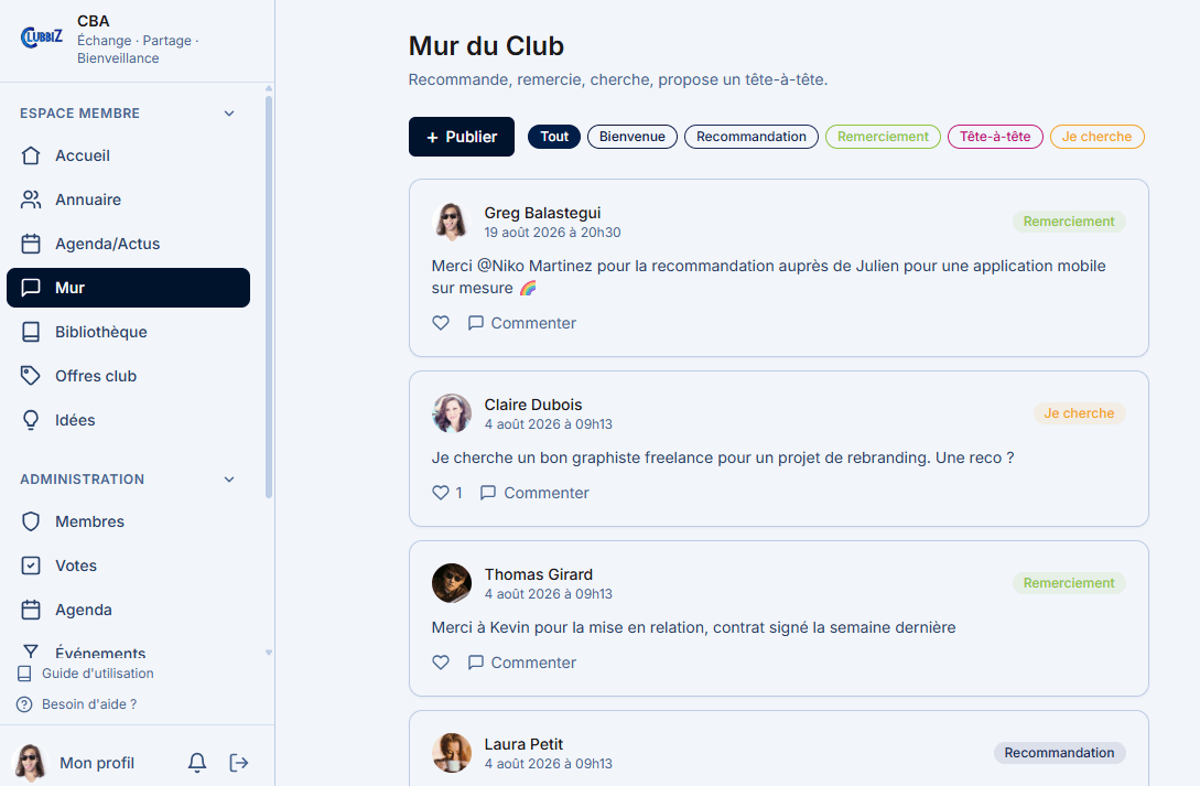 Le mur d’actualités de Clubbiz : des messages classés par nature, remerciement, recommandation, recherche de contact.