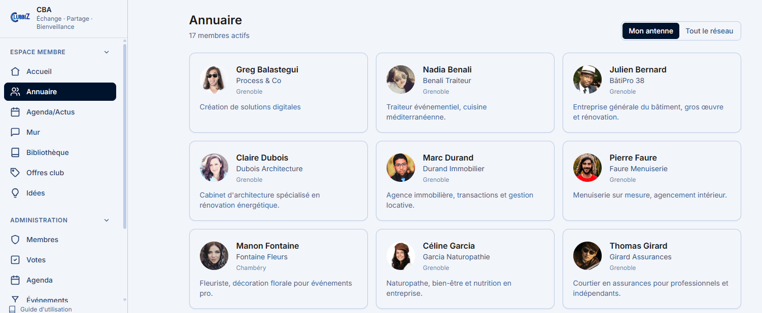 L’annuaire d’un club dans Clubbiz : les membres en cartes, avec leur photo, leur entreprise, leur ville et leur activité en une ligne.
